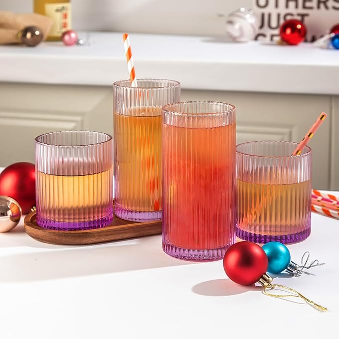 Ribbed Drinking Glasses 8pcs, 12oz and 10oz Glassware, Tumbler Glasses Cup Set for Wedding, Party, Christmas Gift, Purple