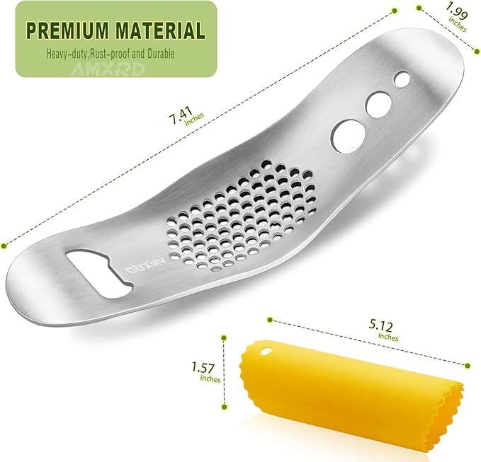 Stainless Steel Garlic Press Rocker & Silicone Garlic Peeler | 3-in-1 Garlic Mincer Crusher Squeezer with Bottle Opener & Herb Stripper/Leaf Zipper, Versatile Kitchen Tool