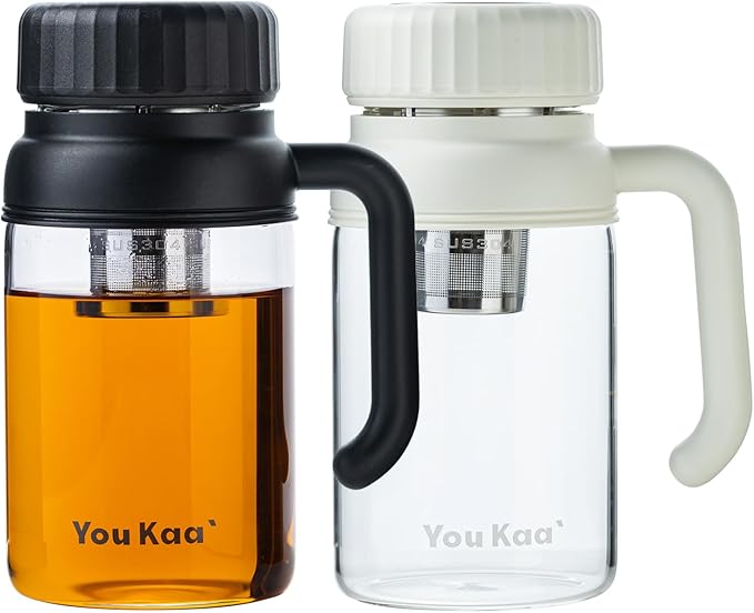 32oz Tea Infuser Bottle - Large Glass Water Bottle with Removable Infuser for Loose Leaf Tea & Fruit, Leakproof, Lead-free, Wide Mouth for Easy Cleaning - Handle for Hot & Cold Beverages (Black+White)