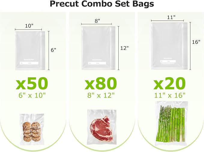 Bonsenkitchen Vacuum Sealer Bags, Commercial Grade, BPA Free | 20 Gallon 11" x 16"+ 80 Quart 8" x 12"+ 50 Pint 6" x 10", Food Sealer Bags for Vac Storage, Meal Prep or Sous Vide Cooking