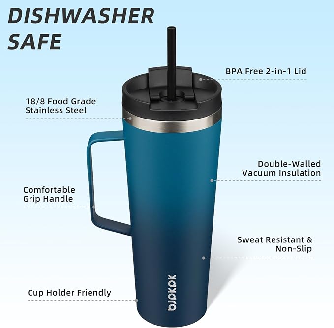 BJPKPK 26oz Insulated Tumbler with Handle, Lid & Straw, Stainless Steel | Double Wall Vacuum Insulated Coffee Travel Mug - Keeps Cold & Hot, BPA Free, Cupholder Fit for Office, Gym & Travel
