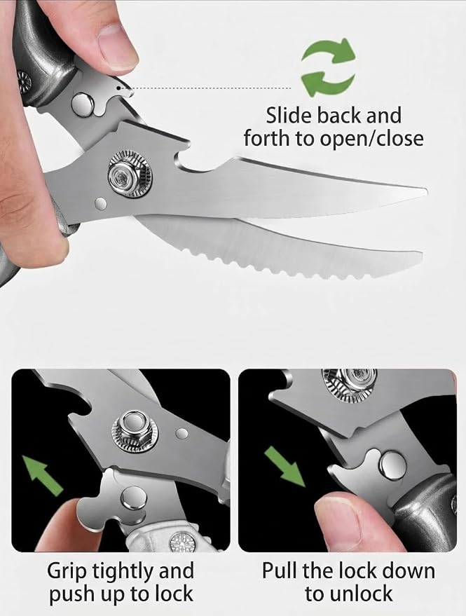 Heavy Duty Safety Lock Non-Slip Handle Multi Purpose Poultry Kitchen Shears | Non-slip handle with safety lock, spring assisted easy cutting; for chicken, turkey, meat,fish, veggies