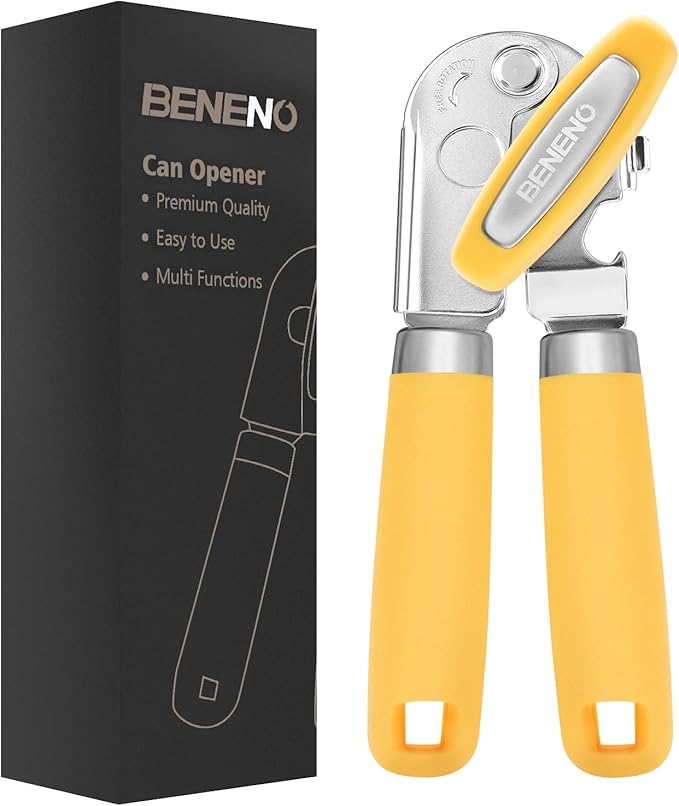 Beneno Heavy Duty Hand Can Opener Manual with Magnet Lid Remover, Yellow | Razor-Sharp Carbon Steel Blade, Precise Smooth Cutting Gear, Big Effort-Saving Knob, Soft Grip Handle, Built-in Bottle Opener
