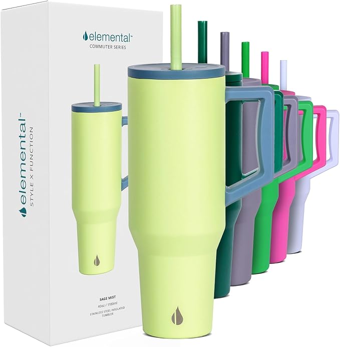 Elemental Spill Proof 40oz Insulated Tumbler with Handle & Straw Travel Mug | Stainless Steel Commuter Travel Coffee Mug for Cold Beverages, Includes 2 Straws & a Spill Proof Lid for Everyday Use