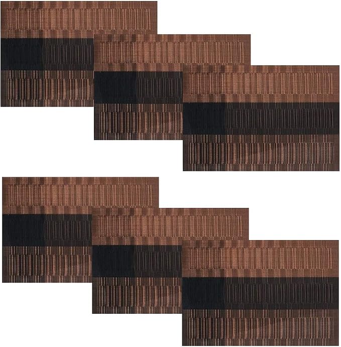 SHACOS Placemats with Table Runner Set of 7 Woven Vinyl Plastic Wipe Clean Heat Resistant Table Mats and Runner Set for Dining Table, Ombre Coffee Black