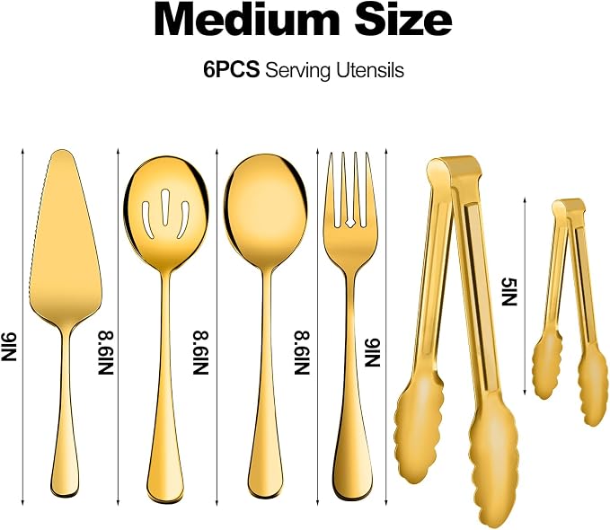 Serving Utensils, XEVOM 6-Piece Stainless Steel Serving Utensil Set Gold | Include Serving Spoon, Slotted Serving Spoon, Serving Fork,Serving Tong, Appetizers Tong,Pie Server
