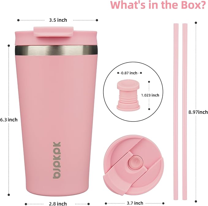 BJPKPK 18 oz Coffee Tumbler with Straw, Insulated Stainless Steel Cup | Double Wall Vacuum, Leak Proof, Keeps Hot/Cold, BPA Free, Dishwasher Safe, Cupholder Friendly, Travel, Light Pink