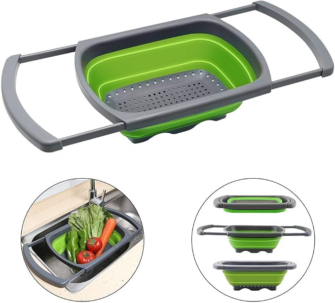 Collapsible Colander Strainer with Extendable Handles - Over the Sink Vegetable/Fruit Colanders Strainers for Kitchen, Capacity of 6 quart (Green)