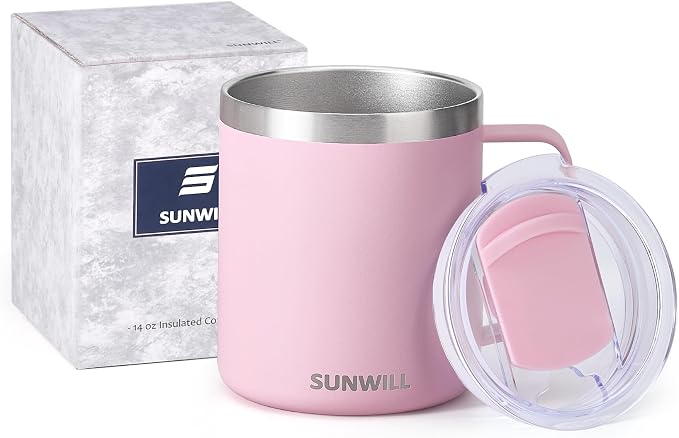 SUNWILL Insulated Coffee Mug with Lid, Travel Tumbler Reusable, 14 oz Stainless Steel Cup for Camping, Office, Home, Powder Coated Sakura