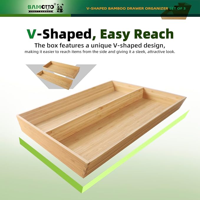 BAMOTTO CRAFTBAMBOO Large Long V-Shaped Bamboo Drawer Organizer Set of 3 | Silverware & Cutlery Tray | Flatware & Utensil | Kitchen & Bathroom | 19.6"×5.7" & 19.6"×7.8" & 19.6"×12.4"