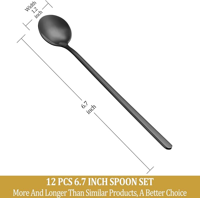 12 Pcs Teaspoons Set, 6.7 Inch Black Tea Spoons Long Handle, Black Small Teaspoons, Food Grade Stainless Steel Spoons, Long Spoon for Stirring, Metal Espresso Spoon