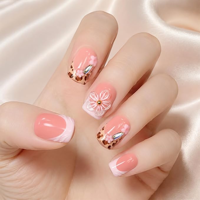 Flower Press on Nails Handmade 3D Pink Flower Designs Leopard Print French Tip Acrylic Nails Luxury Homemade Press on Nail Art Salon Quality Short Square Fake Nails for Women (M)