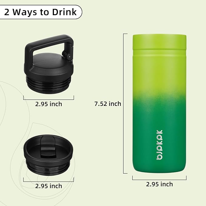 BJPKPK 20 oz Insulated Travel Water Bottle, Coffee Tumbler Stainless Steel | Double Wall Vacuum, Leakproof, Thermal, Keeps Hot/Cold, Dishwasher Safe, Spill Proof, Wide Mouth, 2 Lids, Matcha Green