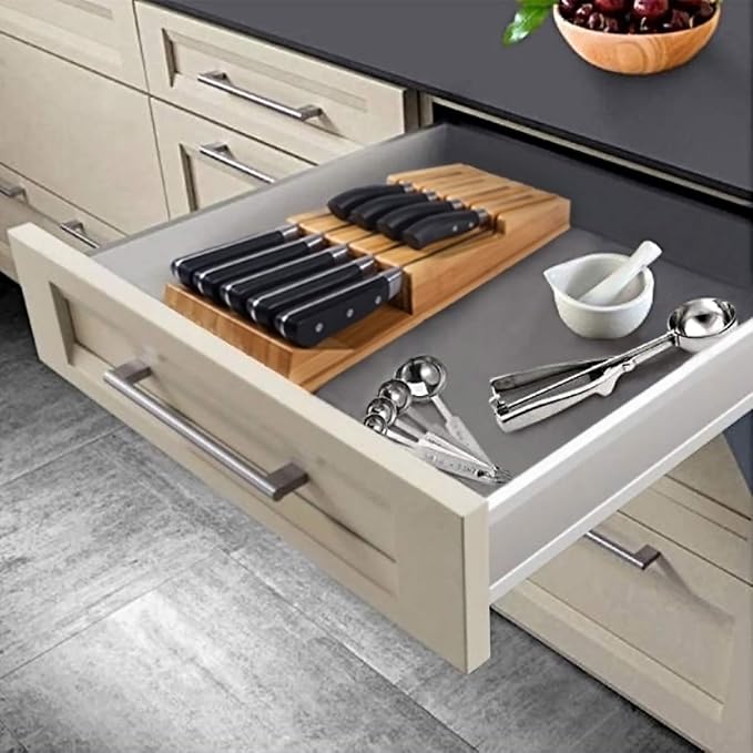NIUXX Bamboo In-Drawer Knife Block Set for 9 Knives(Not Included) | Large Kitchen Detachable Washable Cutlery Slot Organizer Storage Holder for Sharpening Steel and Cutter