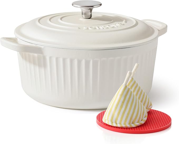 SENSARTE 3.5 Quart Enameled Cast Iron Dutch Oven Pot with Lid, White | Round Dual Handles Kitchen Pot, Cotton Potholders & Silicone Trivet, Oven Safe