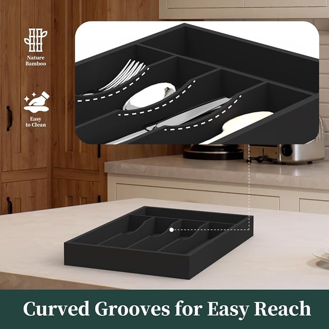 Bamboo Kitchen Sliverware Drawer Organizer (Black, 9.5''W x 13.5''D) | Cutlery Storage Tray with grooved dividers, Multi-purpose flatware storage tray, Utensil holder for folks/spoons/tableware