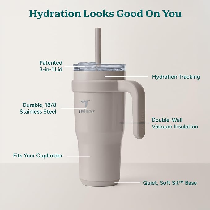 REDUCE 24 oz Stainless Steel Tumbler with Handle - Dual-Wall Vacuum Insulated Travel Mug, Sweat-Proof Lid & Reusable Straw - Keeps Drinks Cold for 24 Hrs, Fits Cupholders, Dishwasher Safe - Sand
