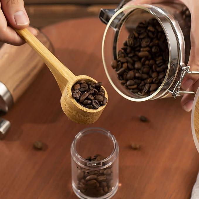 Coffee Container with Shelf: 3P 45OZ Glass Airtight Coffee Holder | Large Capacity Coffee Canister w/Wooden Scoop - Kitchen Food Storage Jar for Ground Coffee/Tea/Sugar/Cereal/Nuts/Coffee Bar
