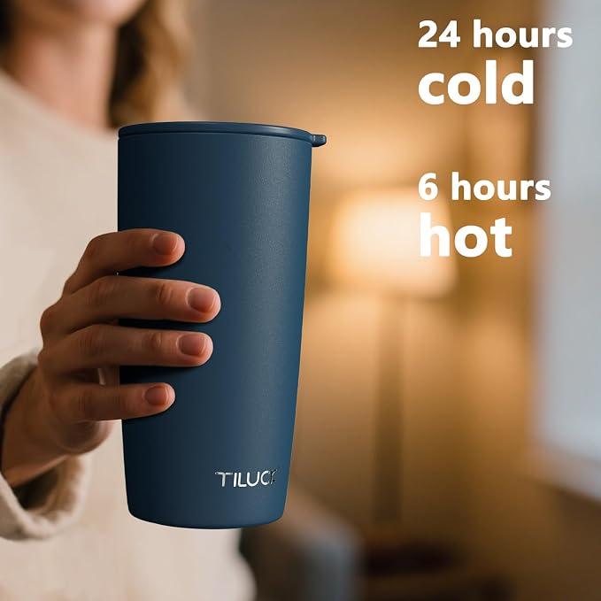 TILUCK 20 oz Insulated Coffee Tumbler with BPA-Free Lid | Travel Coffee Mug, Dishwasher Safe, Cup Holder Friendly, Double-Wall Vacuum Insulation for Hot & Cold Drinks, Matte DarkBlue