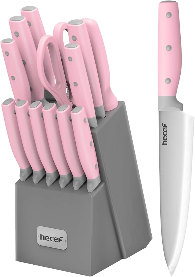 hecef Kitchen Knife Block Set, 14 Pieces Knife Set with Wooden Block & Sharpener Steel & All-purpose Scissors, High Carbon Stainless Steel Cutlery Set (Pink) | Wooden Block, Sharpener Steel, All-purpose Scissors, High Carbon Stainless Steel