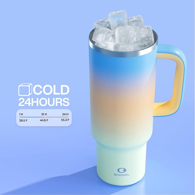 ENCOOL 40 oz Tumbler with Handle and Straw: Stainless Steel Insulated Tumbler Keeps Cold for 24 Hours, Leakproof Travel Cup Fits in Cup Holder and BPA-Free, Sunny Breeze