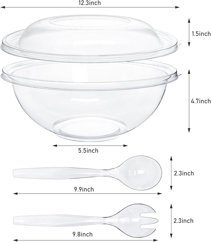 EcoDispose 160 oz Clear Disposable Round Plastic Salad Bowl Sets, 16 Pcs | 4 Sets with Lids, Spoons & Forks, Heavy-Duty Salad Serving Bowl for Catering & Parties