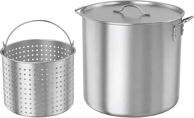 GasOne 100Qt Aluminum Stock Pot with Strainer and Lid – Large Deep Fryer Pot with Basket for Boiling, Frying Turkey, Seafood, Crawfish – Food-Grade Aluminum Large Cooking Pot with Sturdy Handles