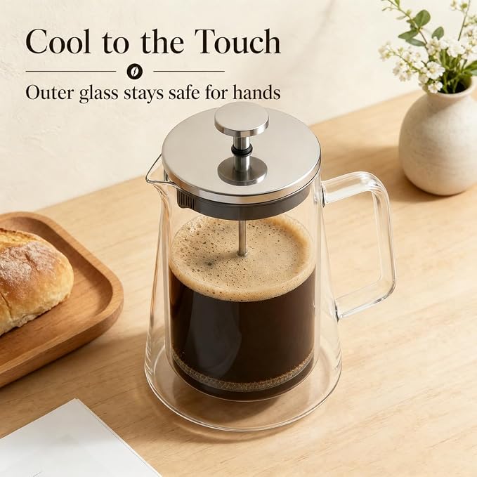 34oz Double Wall Glass French Press Coffee Maker, Borosilicate Glass, Heat Resistant