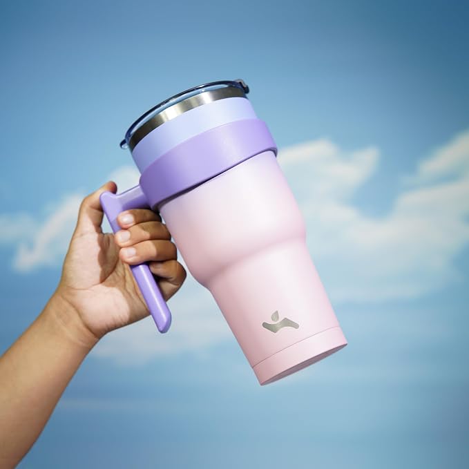 Konokyo 30 oz Tumbler with Handle and Straw, Insulated Travel Mug | Pastel Sunset; BPA-free, leak-proof tumbler with 2 lids, 2 straws, cup holder fit for coffee, office, travel & daily use