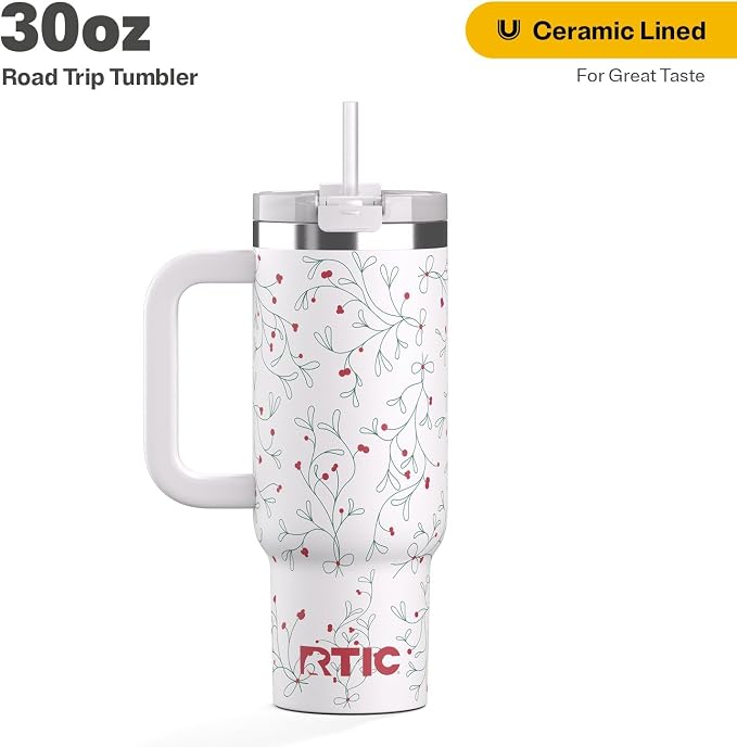 RTIC 30 oz Road Trip Tumbler Double-Walled Ceramic Lined InsulatedStainless Steel Portable Travel Coffee Mug Cup with Lid, Handle and Straw, Mistletoe