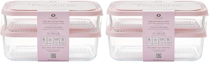 Glass Food Storage Containers with Lids — 8 Piece — 57.5 oz & 40.57 oz Glass with BPA-Free Leakproof Stackable Lids — Microwave, Oven & Dishwasher Safe — Ideal for Meal Prep & More - Berry Blush