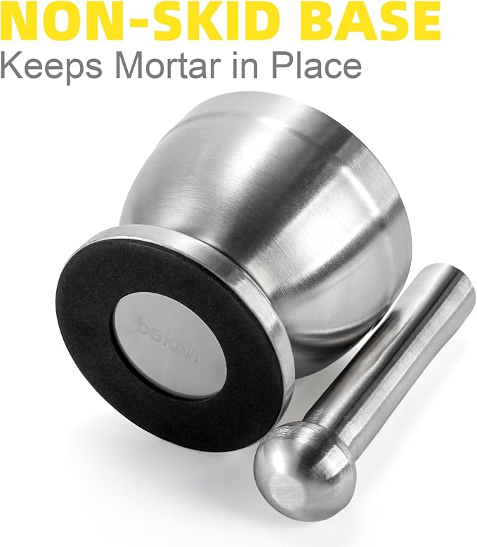 Bekith Mortar and Pestle Sets 18/8 Brushed Stainless Steel Spice Grinder Pill Crusher Molcajete Herb Bowl