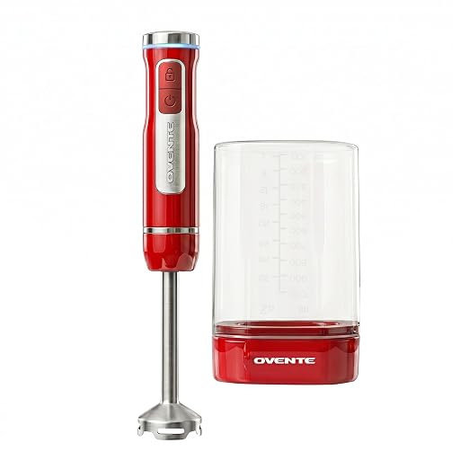 OVENTE Cordless Hand Blender, Rechargeable with 8 Mixing Speed Red HR781R | 200 Watts Handheld Portable Stick Mixer, One-Touch Control and Stainless Steel Blades for Smoothies, Shakes or Soups