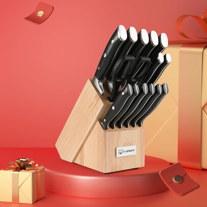 15-Piece German Steel Kitchen Knife Set with Block | ABS Ergonomic Handles For Chopping & Slicing. Includes Shears & Durable Storage Base