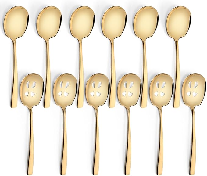 Serving Spoons Set 9.14 Inch Slotted Spoon Serving Spoon Stainless Steel Serving Utensils for Buffet Parties Catering Dishwasher Safe(Set of 12, Gold)