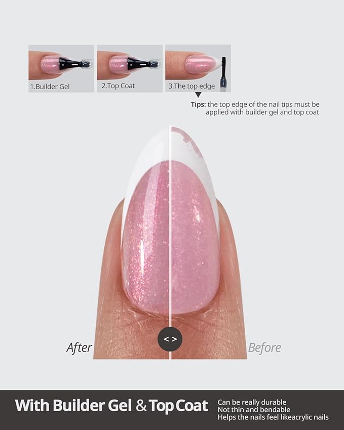 BTArtboxnails XCOATTIPS White French Tip Press On, S Almond, Pink Glitter | Lamp-Curable 4-Week Wear, Salon Quality Value at Home, Natural Nail Look, Easy-to-Apply for Beginners, 96ct Nail Tips Only