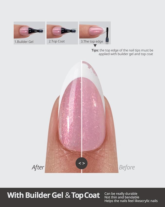 BTArtboxnails XCOATTIPS White French Tip Press On, M Almond, Pink Glitter | Lamp-Curable 4-Week Wear, Salon Quality Value at Home, Natural Nail Look, Easy-to-Apply for Beginners, 96ct Nail Tips Only