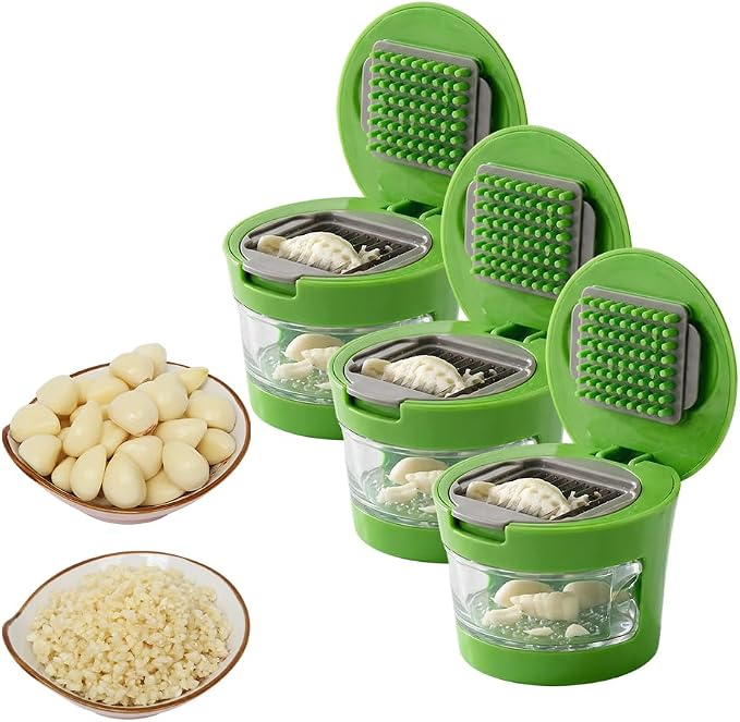 Mini Hand Garlic Mincer and Press with Collection Container (3) | Handheld Stainless Steel Blade Kitchen Gadget for Cooking Food Preparation