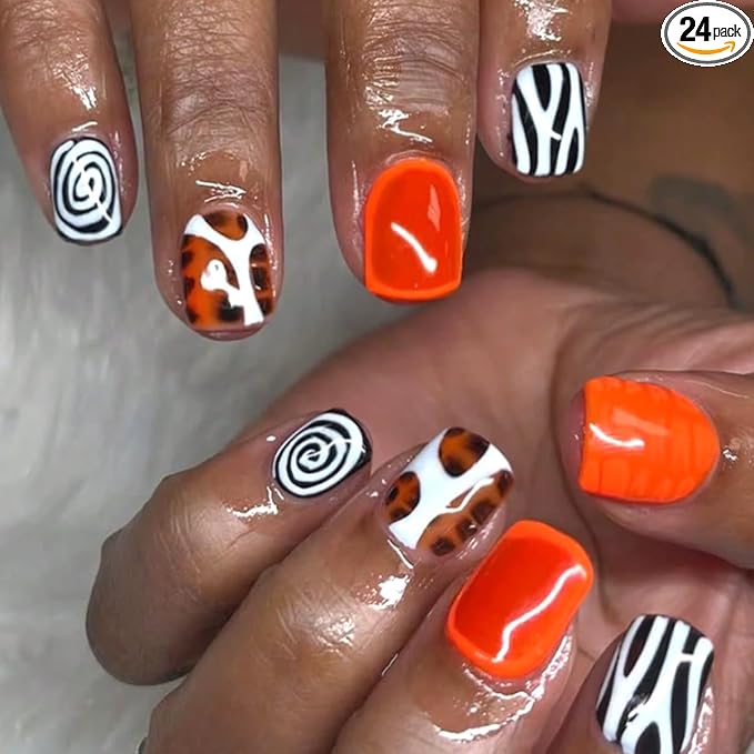 24Pcs Summer Press on Nails Short Square Fake Nails Orange False Nails Press ons Nail Kit with Swirl Striped Leopard Print Design Glossy Glue on Nails Full Cover Stick on Nail for Women Manicure