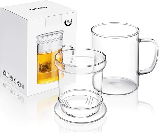 Glass Tea Infuser Cup with Filter and Handle for Blooming Loose Leaf, 14oz | Borosilicate, Heat Resistance, Lead-free, Microwave & Dishwasher Safe