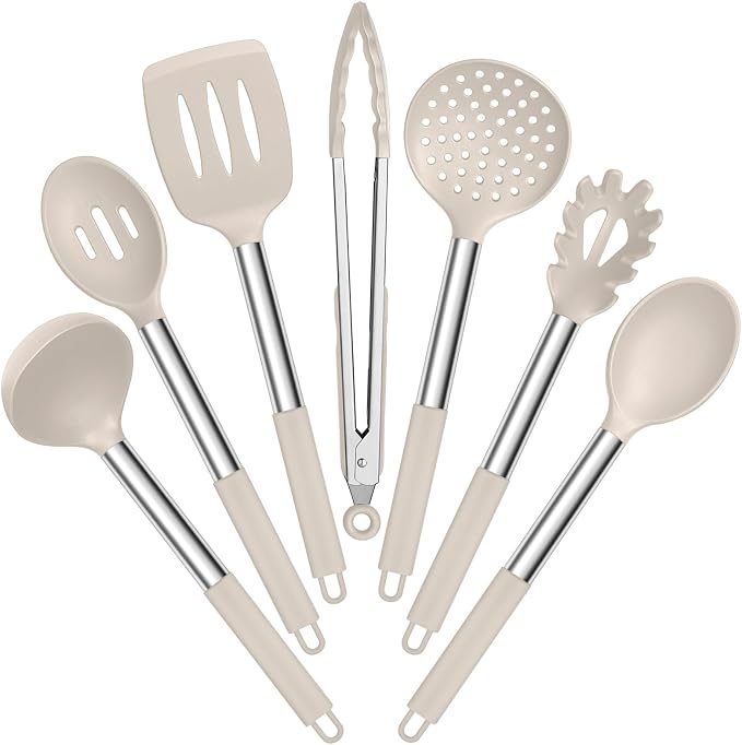 E-far Silicone Cooking Utensils Set, 7-Piece Khaki Kitchen Utensils Set | Heat Resistant Nonstick Cookware with Stainless Steel Handle, Slotted Turner, Spoon, Soup Ladle, Pasta Server, Skimmer, Tongs