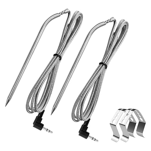 2 Pack Meat Probes for Camp Chef Grill with 2 Clips, 3.5mm Plug, PG24-28 | Fit for CampChef SmokePro Woodwind Series and More, Stainless Steel Waterproof Probe Head, High Accuracy, Plug & Play