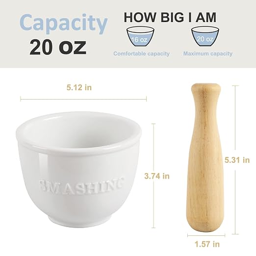 Wooden Procelain Mortar and Pestle Set, Ceramic Pill Crusher Spice Grinder, Herb Bowl, 3.7 inch White
