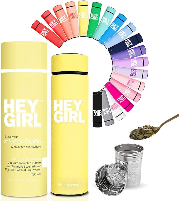 Hey Girl Tea Infuser Bottle 450ml - Insulated Stainless Steel Water Bottle - Tea Tumbler with Tea Diffuser - Portable Travel Mug for Loose Leaf Tea & Infused Water - Tea Lovers Gifts for Women
