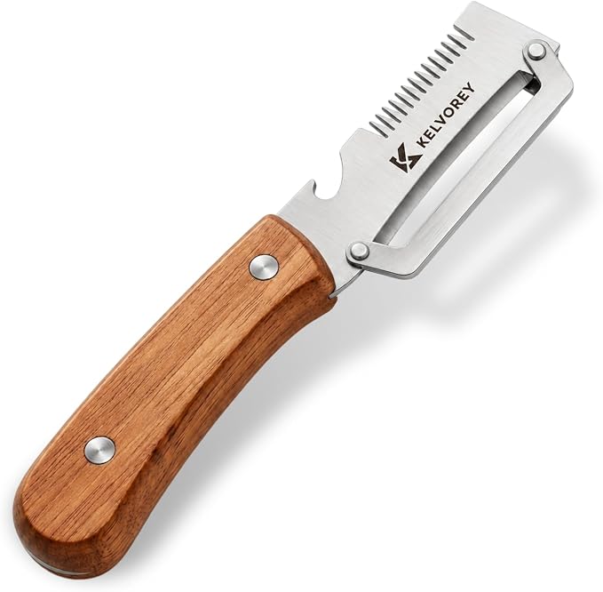 2027 NEW 3-in-1 Multifunctional Vegetable Peeler for Right Hand | Stainless Steel Peeler Knife with Scallion Shredder, Bottle Opener, Wood Handle for Fruits, Vegetables, Kitchen, BBQ, Camping