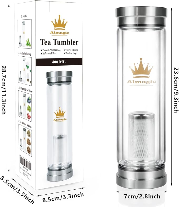 Tea Infuser Bottle for Loose Leaf Teas, 400 ml / 13.5 fl oz | Double Wall Glass Tea Bottle with Infuser, Insulated Tea Tumbler, Leak Proof Water Bottle with Protective Travel Sleeve
