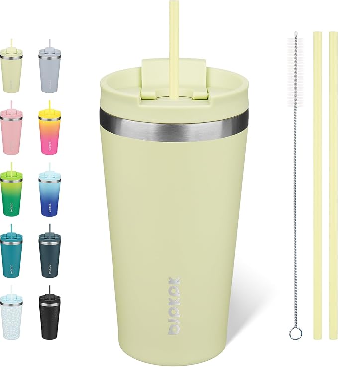 BJPKPK 18 oz Coffee Tumbler with Straw, Insulated Stainless Steel Cup | Double Wall Vacuum, Leak Proof, Keeps Hot/Cold, BPA Free, Dishwasher Safe, Cupholder Friendly, Travel, Macaron Green