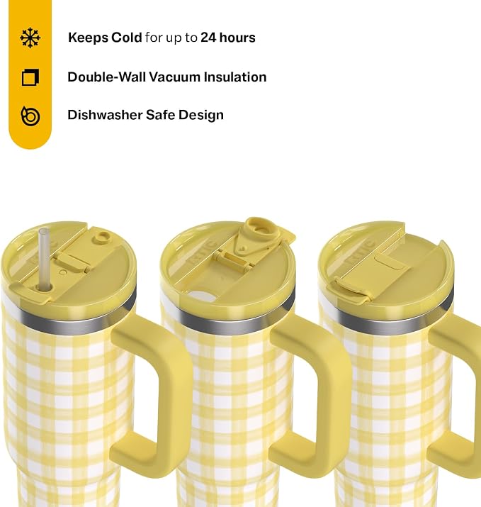 RTIC 30 oz Road Trip Tumbler Double-Walled Ceramic Lined InsulatedStainless Steel Portable Travel Coffee Mug Cup with Lid, Handle and Straw, Sunlight Gingham