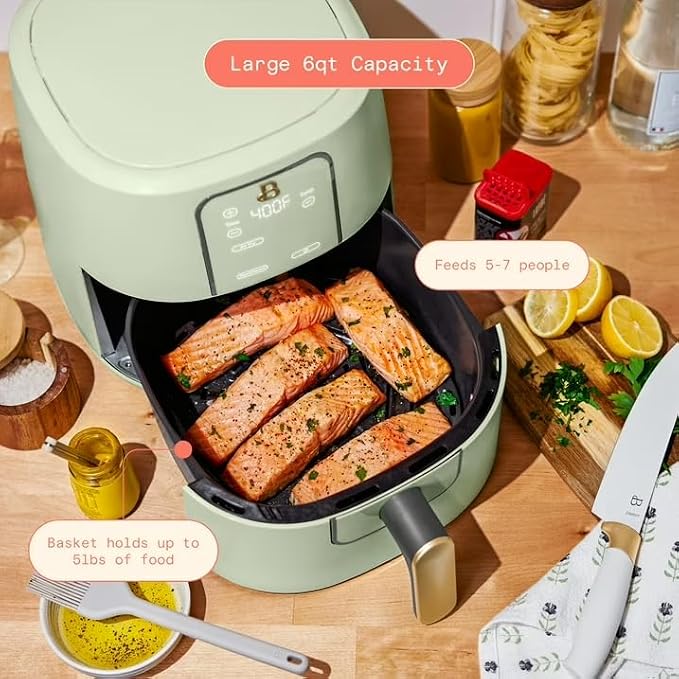 B 6 Quart Digital Air Fryer TurboCrisp Technology, Large Touchscreen Controls, Ceramic Roast Reheat Dehydrate Nonstick, Family Size for 5-7 People (Sage Green)
