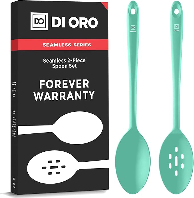 DI ORO Silicone Cooking Spoons - Solid & Slotted Set, 2-Pc Mint | Large heads for mixing, serving, and stirring; Heat-resistant to 600F for nonstick cookware; BPA-free and dishwasher safe